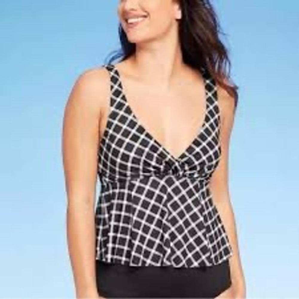 Kona Sol Black White Gingham‎ Tankini Top Peplum Swimwear Large 12-14 NWT